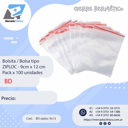[BD-ziploc-9x13] Bolsita / Bolsa tipo ZIPLOC - 9cm x 12 cm Pack x 100 unidades - BD
