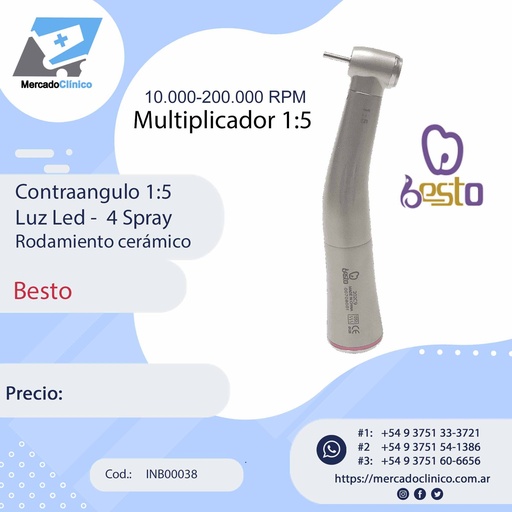 [INB00038] Contraangulo multiplicador1:5 - Luz Led -  4 Spray - Rodamiento cerámico - Besto