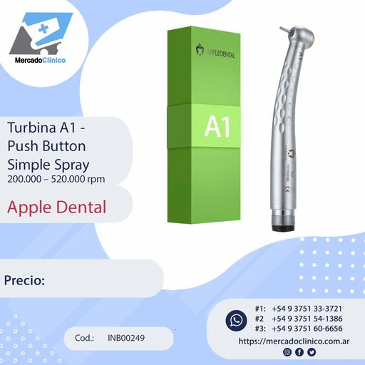 [INB00249] Turbina A1 -  Push Button Simple Spray 200.000 – 520.000 rpm - Apple Dental
