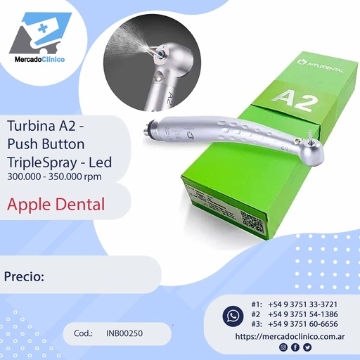 [TUPA2LED] Turbina A2 -  Push Button TripleSpray - Led 300.000 - 350.000 rpm - Apple Dental