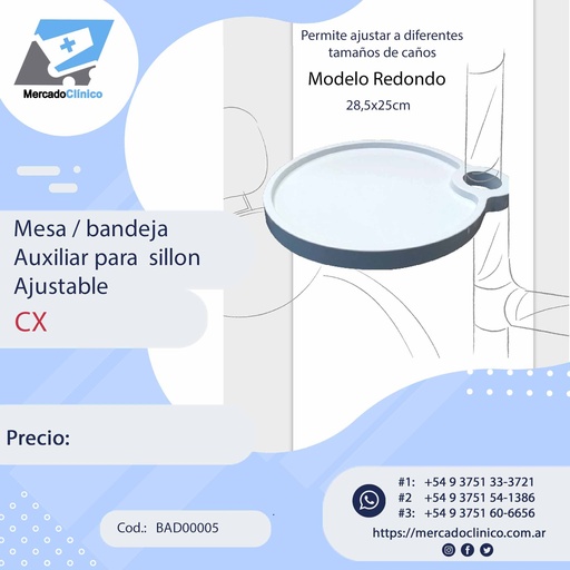 [BAD00005] Mesa / Bandeja auxiliar para cualquier sillon dental - REDONDO - CX
