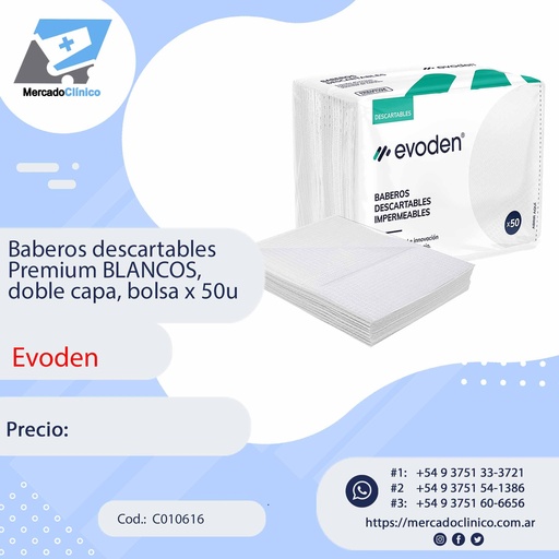 [C010616] Baberos descartables  Premium BLANCOS,  doble capa, bolsa x 50u - Evoden