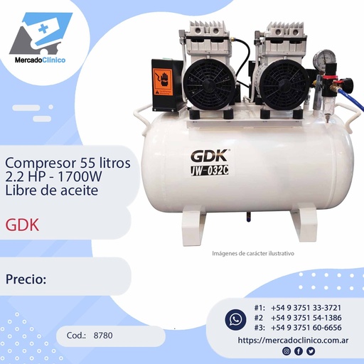 [8780] Compresor 55 litros 2.2 HP - 1700W  Libre de aceite - GDK