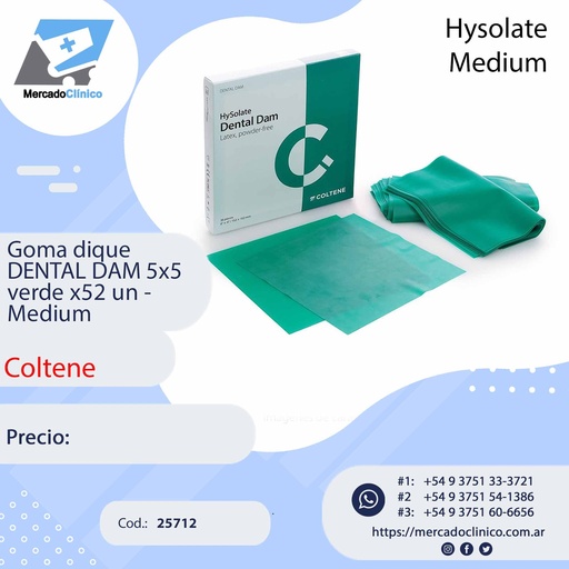 [25712] Goma dique  DENTAL DAM 5x5 verde x52 un -  medium - Hysolate - Coltene