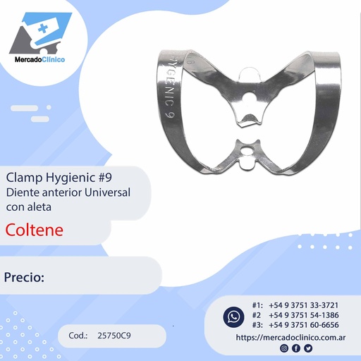 [25750C9] Clamp Hygienic #9 Diente anterior Universal - con aleta - Coltene