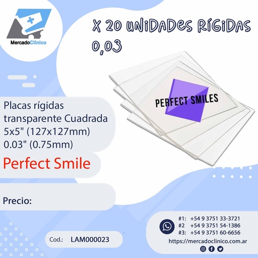 [LAM00023] Placas Rígidas  transparente Cuadrada - x 20 un - 0,03" (0,75 mm) - PERFECT SMILES ALIGNER