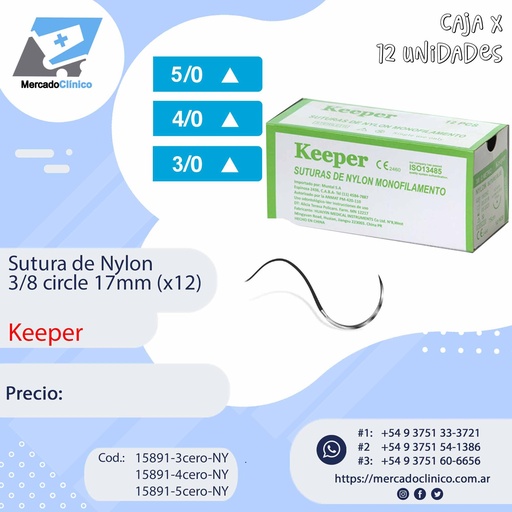 Suturas de nylon -17mm - x 12 unidades - Keeper