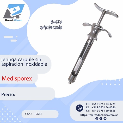 [12668] Jeringa Carpule s/aspiración inox. rosca americana - Medis