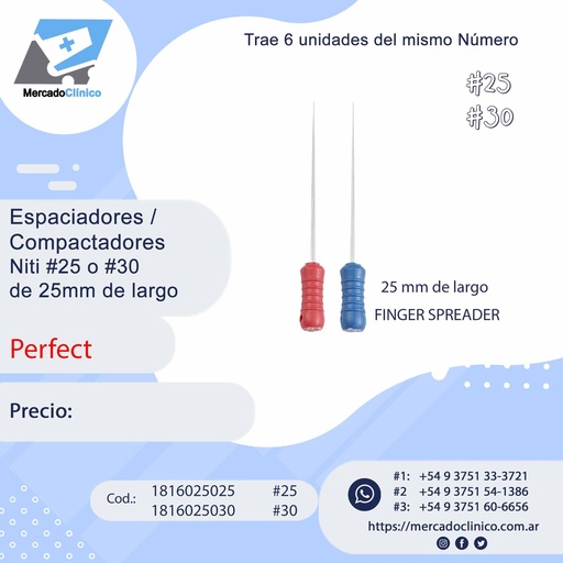 Espaciadores / Compactadores de NITI - #25 o #30' de 25mm de largo - Perfect