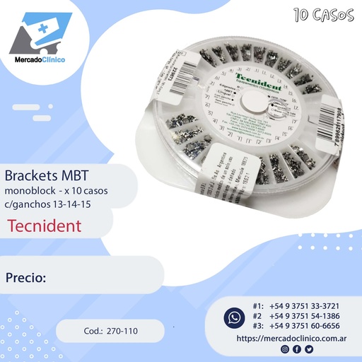 [270-110] Brackets MBT 0,22 - Monoblock - rueda con 10 casos - Con gancho - 270-110 - Tecnident 
