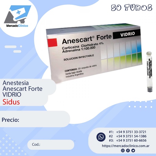 [90713] Anestesia - Anescart Forte TUBO VIDRIO- 50/un -Sidus - 90713