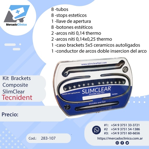[283-107] KIT Brackets Zafiro Autoligado - SLIMCLEAR 0,22 -  7x7  - Tecnident - 283-107