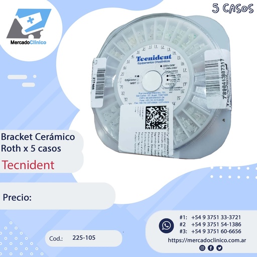 [225-105] Brackets Roth 0,22 - Ceramico - rueda con 5 casos - Con gancho - Tecnident
