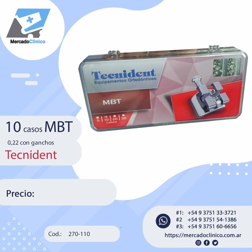 [270-110] Brackets MBT 0,22 - caja con 10 casos - Con gancho -  270-110 -  Tecnident