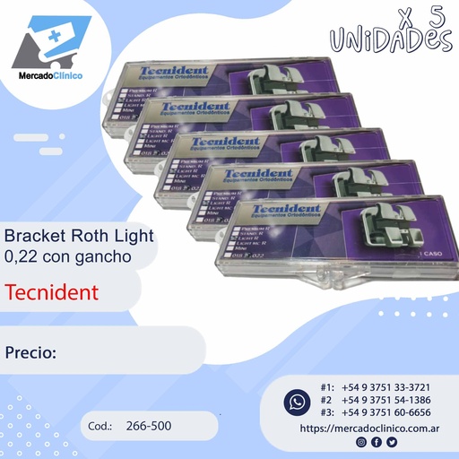 [266-500x5] Brackets Roth Light 0,22 - Monoblock - x 5 CASOS - Tecnident - 266-500x5