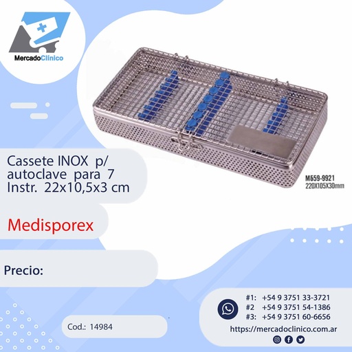 [14984] Cassette inoxidable para autoclave Medidas: 220 x 105 x 30 mm PARA 7 INSTRUMENTOS Marca: MEDISPOREX