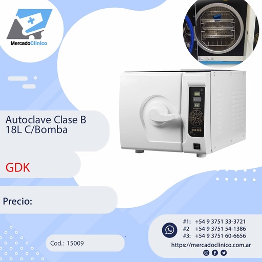 [15009] Autoclave Clase B - 18 Litros c/ bomba de vacio - GDK