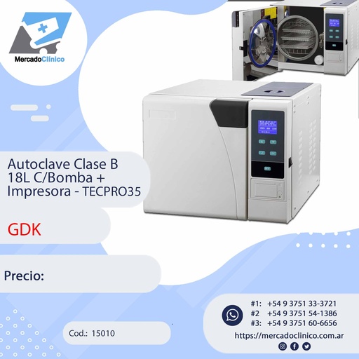 [15010] Autoclave Clase B 18L C/Bomba +  Impresora - TECPRO35 - GDK