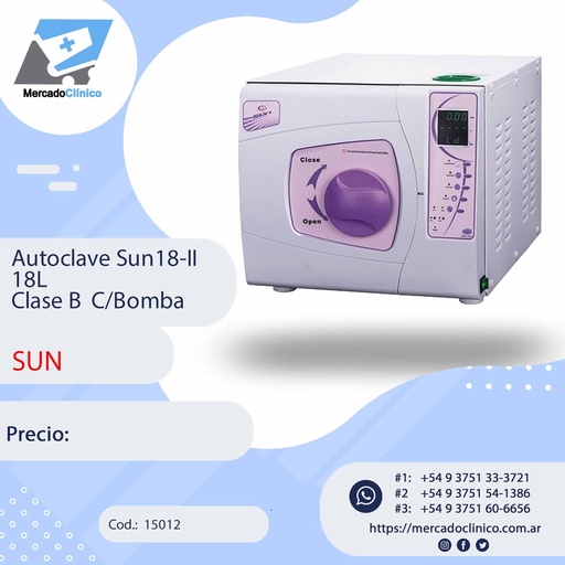 [15012] Autoclave Sun18-II 18L  Clase B  C/Bomba - SUN