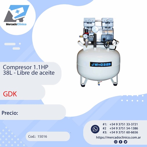 [15016] Compresor 1.1HP 38L - Libre de aceite - JUNWEI GDK