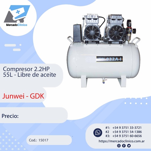 [15017] Compresor 2.2HP 55L - Libre de aceite - JUNWEI