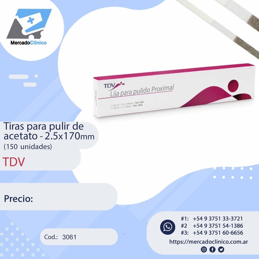 [3061] Tiras de acetato abrasivas - para pulir - 2,5x170mm - proximal - 150 unid - TDV