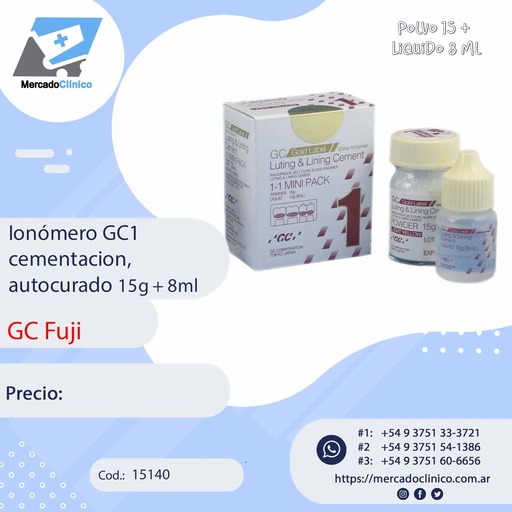 [15140] FUJI  1 Ionómero GC1 GOLD LABEL LIGHT YELLOW, cementación, autocurado, Avío: 15gr + 10ml - fuji 1 GC FUJI  1