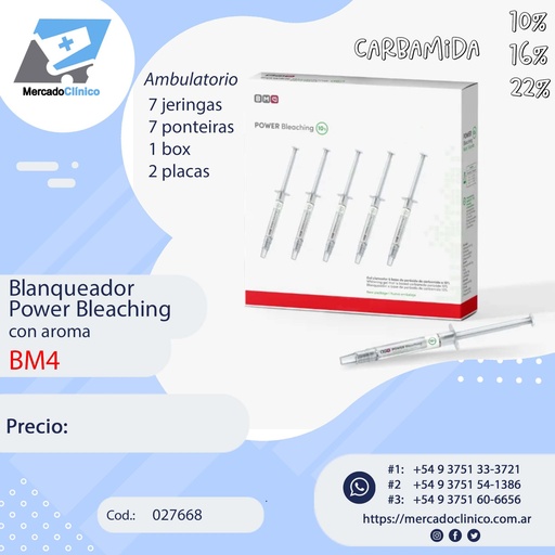 Blanqueador Power Bleaching - con aroma - Ambulatorio - 7 jeringas de Carbamida - 1 estuche - 2 placas para estampar - BM4 (22%)