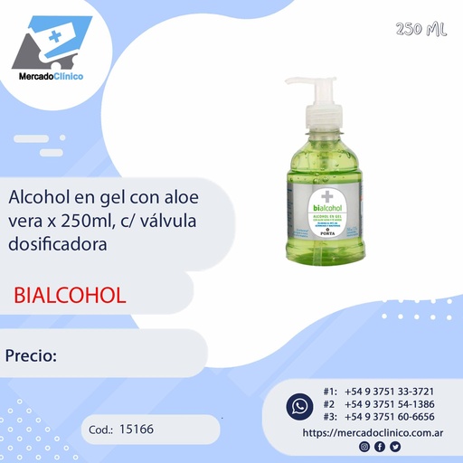 [15169] Alcohol en gel con aloe vera x 250ml, c/ válvula  dosificadora - Bialcohol - PORTA