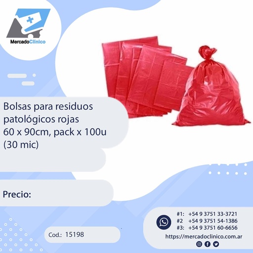 [15198] Bolsas para residuos  patológicos rojas  60 x 90cm, pack x 100u (30 mic)