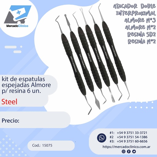 [15075] kit de espatulas espejadas Almore  p/ resina 6 un - Steel