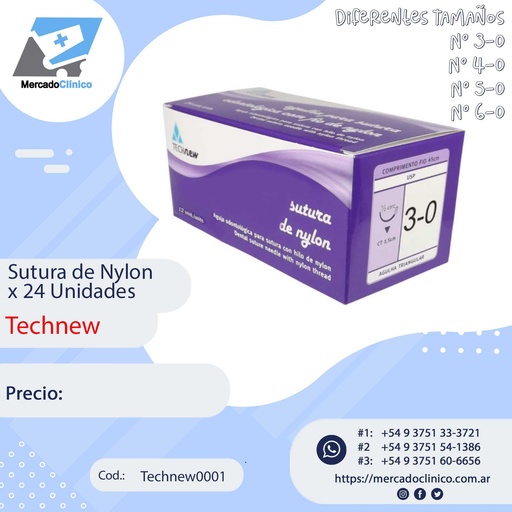 Sutura Nylon - 24 unidades - Esteriles - con Agujas - Technew