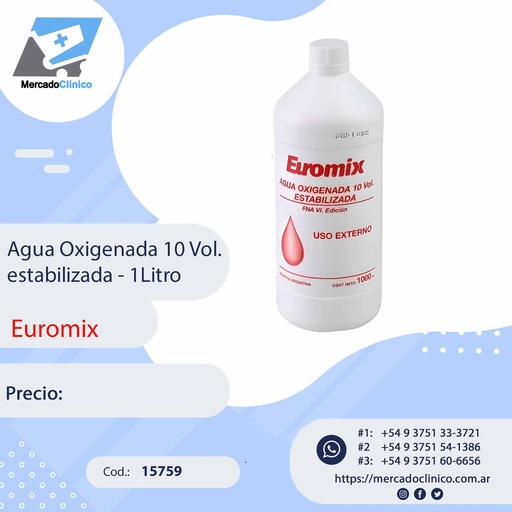 [15759] Agua Oxigenada 10 Vol. estabilizada - 1Litro - Euromix