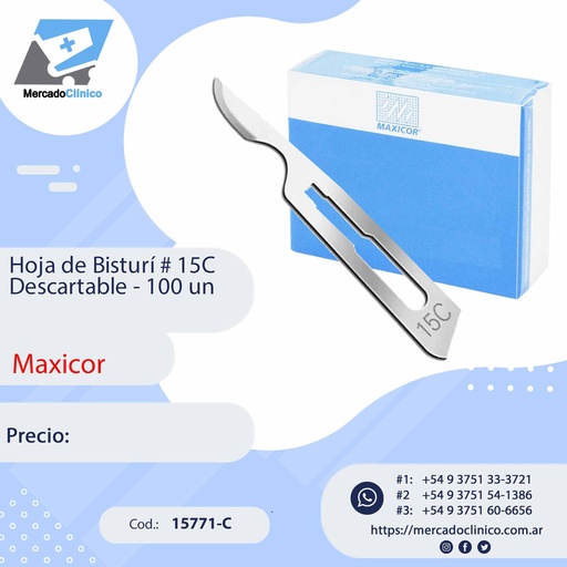 [15771-C] Hoja de Bisturi # 15C - descartable - 100 Unidades - MAXICOR