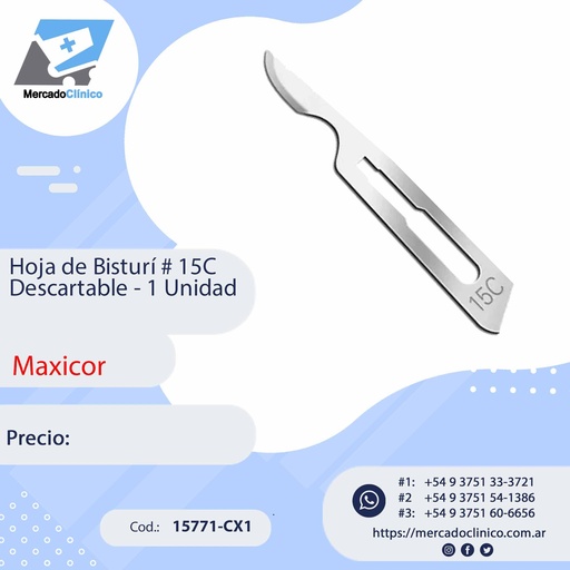 [15771-CX1] Hoja de Bisturi # 15C - descartable - 1 Unidad - MAXICOR