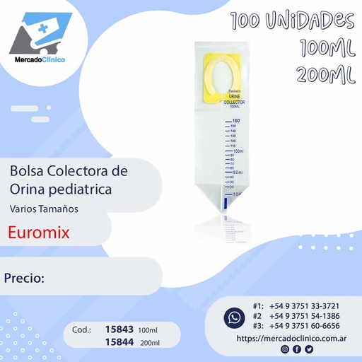 Bolsa Colectora de Orina pediatrica - 100 Un - EUROMIX