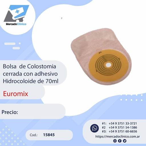 [15845] Bolsa de Colestomia cerrada con adhesivo hidrocoloide de 70 ml - EUROMIX