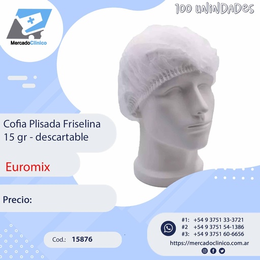 [15876] Cofia Plisada Friselina 15gr - 100UN- descartable - EUROMIX
