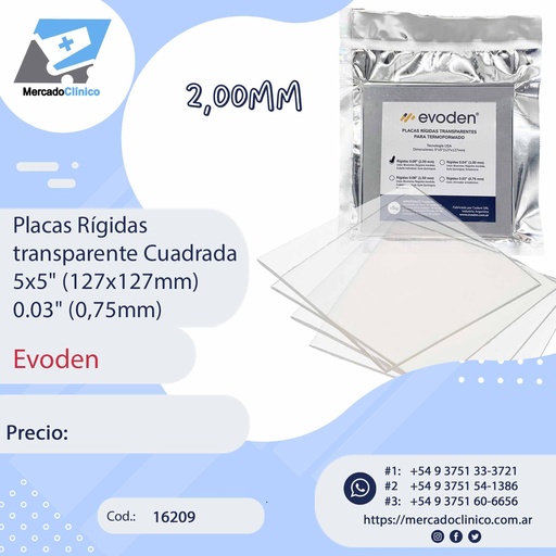 [16209] Placas Rígidas transparente Cuadrada 5x5" (127x127mm)  0.08" (2mm) X 5 unidades - Evoden