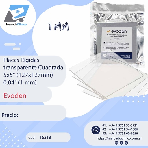 [16218] Placas Rígidas transparente Cuadrada 5x5" (127x127mm) 0.04" (1 mm) - Evoden