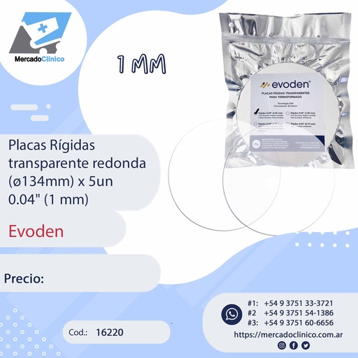 [16220] Placas Rígidas  transparente redonda (ø120mm) x 5un  0.04" (1 mm) - Evoden