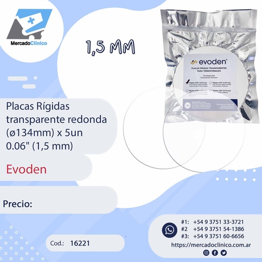 [16221] Placas Rígidas  transparente redonda (ø120mm) x 5un  0.06" (1,5 mm) - Evoden