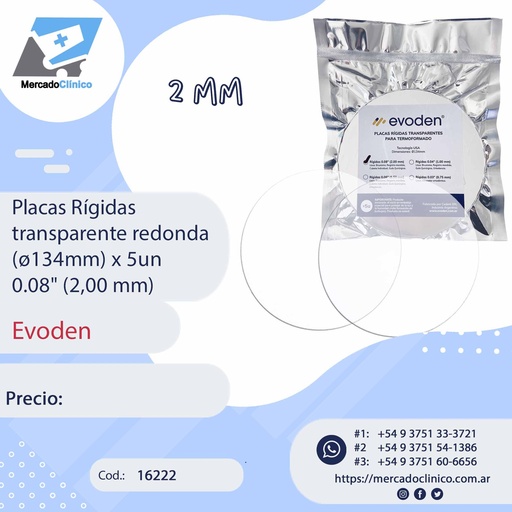 [16222] Placas Rígidas transparente redonda (ø120mm) x 5un 0.08" (2 mm) - Evoden