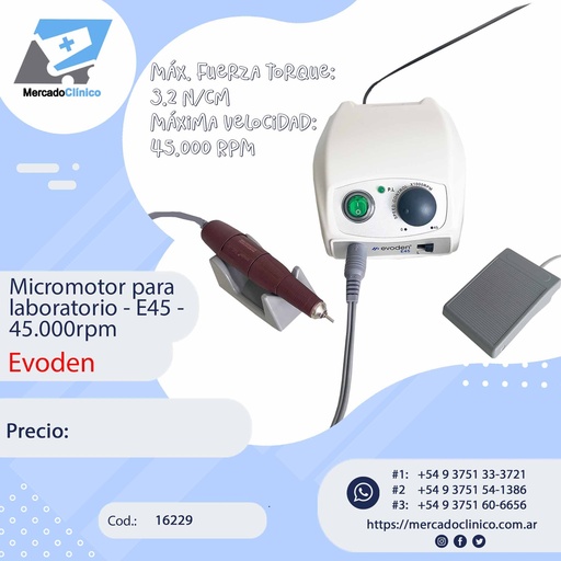 [16229] Micromotor para laboratorio - E45 - 45.000rpm - EVODEN