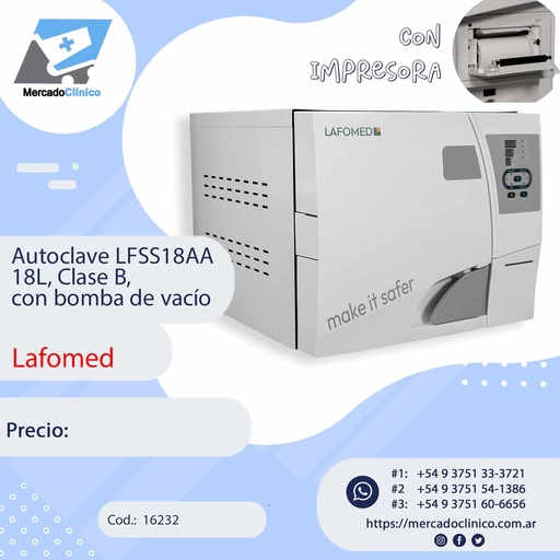 [16232] Autoclave LFSS18AA  18L, Clase B,  con bomba de vacío - LAFOMED