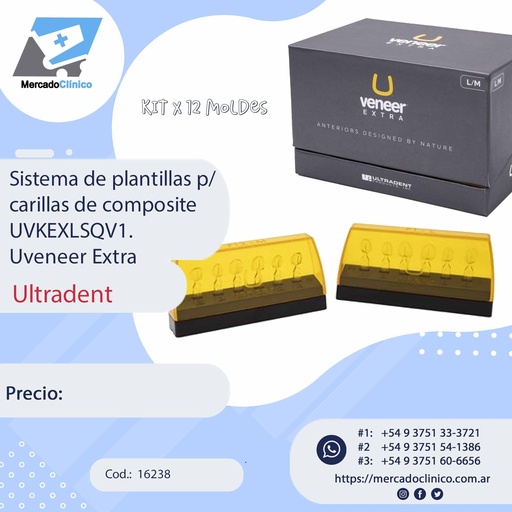 [16238] Sistema de plantillas para carillas de composite UVKEXLSQV1. KIT x 12 Moldes, Uveneer Extra. ULTRADENT